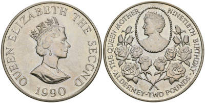 Олдерни 2 фунта 1990 90 лет со дня рождения Королевы Матери KM 2 медно-никель 118-331