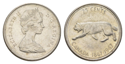 Канада 25 центов 1967 пума, 100 лет Конфедерации Канада, Ссеребро 0.800, вес 5,83 гр, диаметр 23,88 мм KM 67 серебро 4622-911