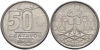 БРАЗИЛИЯ 50 СЕНТАВО 1990 РЕФОРМА 1989-1990 KM 614 нержавеющая сталь 116-1268