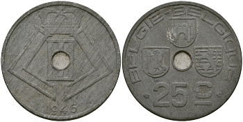 Бельгия 25 сантимов 1946 BELGI? - BELGIQUE KM 132 цинк 4132-237