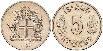 Исландия 5 крон 1976 KM 18 медно-никель UNC 4124-762