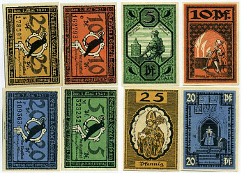 МЕРЗЕБУРГ НАБОР ИЗ 4 БАНКНОТ, 5, 10, 20, 25 ПФЕННИГОВ 1921 НОТГЕЛЬД, 1 МАЯ 1921, ЗЕМЛЯ САКСОНИЯ-АНХАЛЬТ Grabowski 884.1 бумага 6318-45-2-2