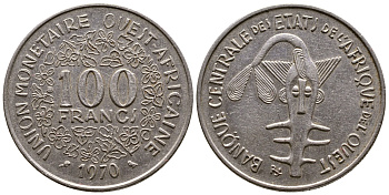 ВАЛЮТНОЕ СООБЩЕСТВО СТРАН ЗАПАДНОЙ АФРИКИ 100 ФРАНКОВ 1970 КМ 4 никель 56-853