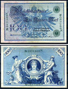 Германия 100 марок 1908 7 февраля 1908, выпуск конец 1916 - ноябрь 1918, зеленая печать Pick 34 бумага 8619-28-2-1