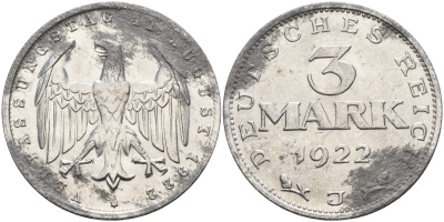 Германия 3 марки 1922 J, третья годовщина Веймарской Конституции KM 29 J. 303 алюминий    4149-414