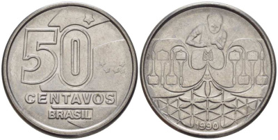 БРАЗИЛИЯ 50 СЕНТАВО 1990 РЕФОРМА 1989-1990 KM 614 нержавеющая сталь 116-1268