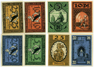 МЕРЗЕБУРГ НАБОР ИЗ 4 БАНКНОТ, 5, 10, 20, 25 ПФЕННИГОВ 1921 НОТГЕЛЬД, 1 МАЯ 1921, ЗЕМЛЯ САКСОНИЯ-АНХАЛЬТ Grabowski 884.1 бумага 6318-45-2-2