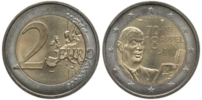 Франция 2 евро 2010 70 лет речи Шарля де Голля "Ко всем французам" KM 1676 биметалл 3856-717