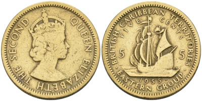 Британские Восточно-Карибские территории 5 центов 1955 Елизавета II (1952-2022), парусник KM 4 никель латунь 4566-942