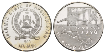 Афганистан 500 афгани 1996 XVI Чемпионат мира по футболу Франция 1998, тираж 10.000 экземпляров KM 1027 серебро PROOF 1088-5-61