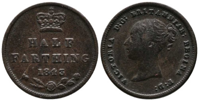 Великобритания 1/2 фартинга 1843 Виктория (1837-1901) KM 738, Spink 3951 медь 1518-1021