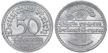 Германия 50 пфеннигов 1922 G KM 27, J. 301 алюминий aUNC 4145-1155