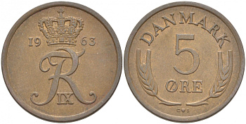 ДАНИЯ 5 ЭРЕ 1963 C; S, ФРЕДЕРИК IX (1947-1972) KM 848.1 бронза 4402-1221