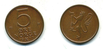 Норвегия 5 эре 1977 Улаф V (1958-1991) KM 415 бронза 4364-927