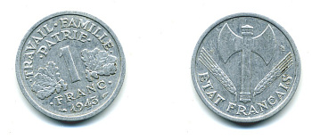 ФРАНЦИЯ 1 ФРАНК 1943 LB, ТИП LEGERE, ПРАВИТЕЛЬСТВО ВИШИ KM 902.1, LE FRANC 223.3 алюминий 54-1237