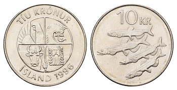 Исландия 10 крон 1996 рыбы KM 29.1a сталь плакированная никелем UNC 4118-1022