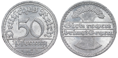 Германия 50 пфеннигов 1922 G KM 27, J. 301 алюминий aUNC 4145-1155