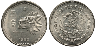 МЕКСИКА 5 ПЕСО 1980 АЦТЕКСКАЯ СКУЛЬПТУРА, ПЕРНАТЫЙ ЗМЕЙ КЕТЦАЛЬКОАТЛЬ KM 485 медно-никель XF- 215-732