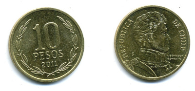 ЧИЛИ 10 ПЕСО 2011 ГЕНЕРАЛ БЕРНАРДО О ХИГГИНС KM 228.2 никель-бронза 37-1135