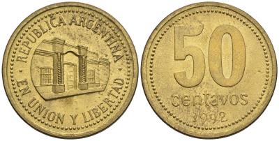 Аргентина 50 сентаво 1992 здание конгресса Тукумана, узкие буквы KM 111.1, CJ 5, Schon 112 алюминиевая бронза    60-443