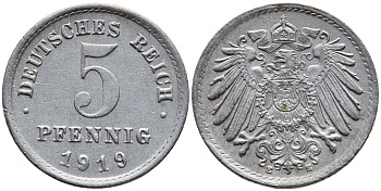 ГЕРМАНИЯ 5 ПФЕННИГОВ 1919 E KM 19, J 297 железо 4396-269