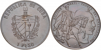 Куба 1 песо 1993 СИМОН БОЛИВАР И ХОСЕ МАРТИ, ЧЁРНАЯ KM 515 медь UNC 00-00
