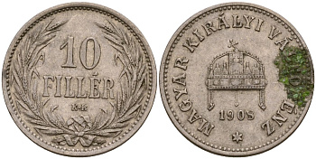 Венгрия 10 филлеров 1908 KB, Франц Иосиф I (1848-1916) KM 482 медно-никель 4549-1024