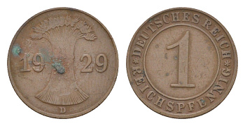 Германия 1 рейхспфенниг 1929 D KM 37, J. 313 бронза 4636-264