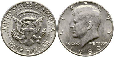 США 1/2 ДОЛЛАРА ( 50 ЦЕНТОВ ) 1980 P, ДЖОН КЕННЕДИ KM А202b медь плакированная медно-никелем 1523-444