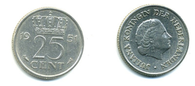 Нидерланды 25 центов 1951 Юлиана (1949-1980) KM 183 никель 76-361