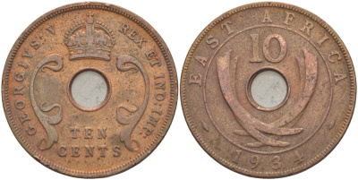 Британская Восточная Африка 10 центов 1934 Георг V (1910-1936) KM 19 бронза 97-1134