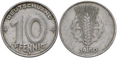 ГДР 10 пфеннигов 1950 E KM 3 алюминий 24-751