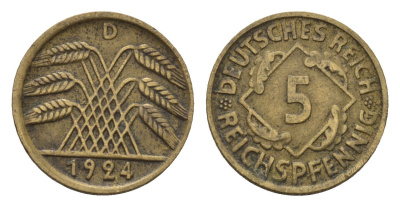 Германия 5 рейхспфеннигов 1924 D KM 39, J. 316 алюминиевая бронза 4651-717