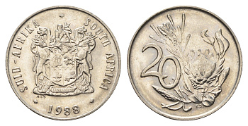 ЮАР 20 центов 1988 герб, цветок протея KM 86 никель UNC 4693-756