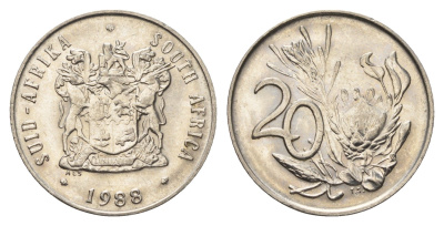 ЮАР 20 центов 1988 герб, цветок протея KM 86 никель UNC 4693-756