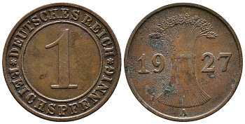 ГЕРМАНИЯ 1 РЕЙХСПФЕННИГ 1927 A KM 37, J. 313 бронза 39-944