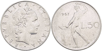 ИТАЛИЯ 50 ЛИР 1967 R, БОГ ОГНЯ ВУЛКАН У НАКОВАЛЬНИ KM 95.1 нержавеющая сталь 4551-347