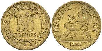 ФРАНЦИЯ 50 САНТИМОВ 1927 ТИП CHAMBRERES DE COMMERCE KM 884, LE FRANC 191.10 алюминиевая бронза 44-354