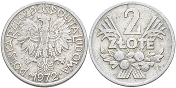 ПОЛЬША 2 ЗЛОТЫХ 1972 MW, РЕДКИЙ ГОД KM 46, Parchimowicz 216f алюминий 4185-1041