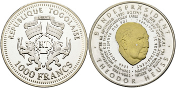 Того 1000 франков 2004 федеральный президент (1949-1959), Теодор Хойс, позолота серебро PROOF 04-318-33