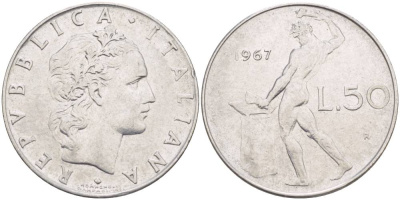 ИТАЛИЯ 50 ЛИР 1967 R, БОГ ОГНЯ ВУЛКАН У НАКОВАЛЬНИ KM 95.1 нержавеющая сталь 4551-347