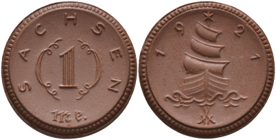 Саксония 1 марка 1921 парусник J. N 55 фарфор 1094-3-33