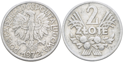 ПОЛЬША 2 ЗЛОТЫХ 1972 MW, РЕДКИЙ ГОД KM 46, Parchimowicz 216f алюминий 4185-1041