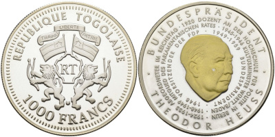 Того 1000 франков 2004 федеральный президент (1949-1959), Теодор Хойс, позолота серебро PROOF 04-318-33