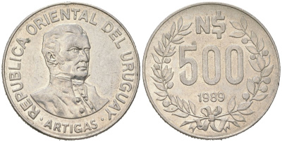 Уругвай 500 новых песо 1989 KM 98 медно-никель 4364-554