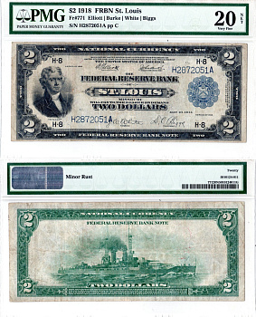 США 2 доллара 1918 в холдере компании PMG. Сохранность -20 Very Fine, Подписи кассира и губернатора: White & Biggs. Президент Томас Джефферсон. Американский военный корабль "Нью-Йорк" BB-34 Pick 372 H(4), Fr#771 бумага 10-2-39