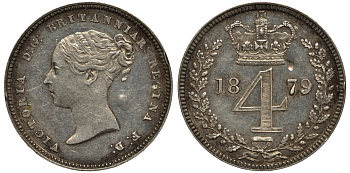 Великобритания 4 пенса 1879 Виктория (1837-1901) KM 732, Spink 3917 серебро aUNC 1524-212