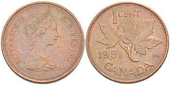 Канада 1 цент 1981 Елизавета II (1952-2022), кленовый лист KM 127 бронза 46-837