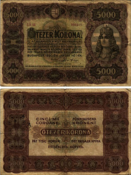 ВЕНГРИЯ 5000 КОРОН 1920 1 ЯНВАРЯ 1920 Pick 67 бумага 6280-2-2