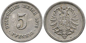 ГЕРМАНИЯ 5 ПФЕННИГОВ 1876 A, СТАРОГЕРБОВКА KM 3, J. 3 медно-никель 39-366
